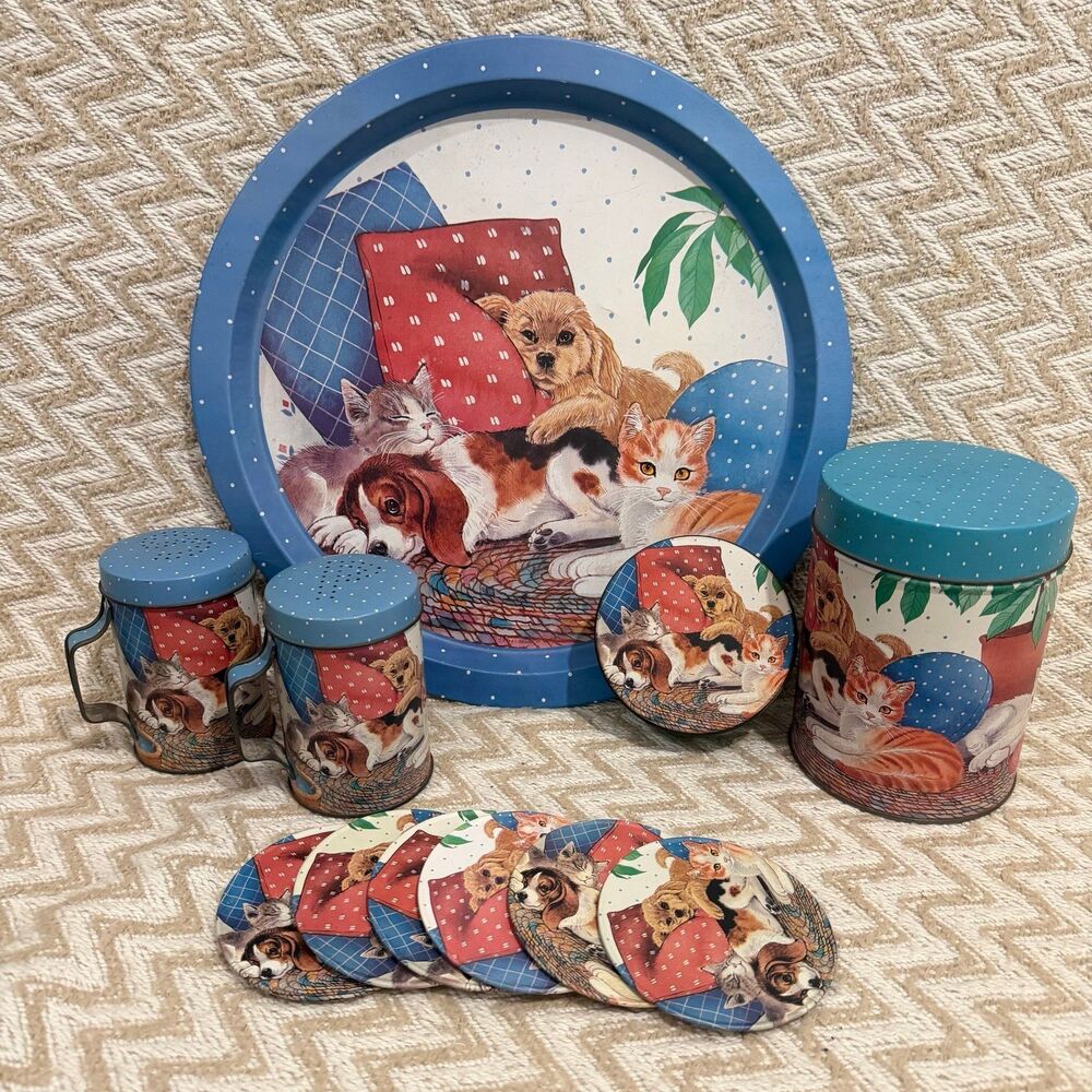 Vintage JSNY Puppy Kitten Metal Serving Tray Coasters Salt & Pepper Shaker Set
